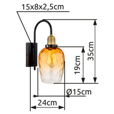 Nástěnné svítidlo, kov černý, sklo jantarové, průhledné, kov mosazný matný, směr světla: dolů, ŠxV:150x350mm, H:240mm, bez žárovky 1xE27,max. 60W 230V