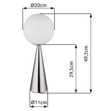 Stolní svítidlo, kov nikl, skleněná koule bílá, kabel textilní černý, kolébkový vypínač na kabelu, ø:200mm, V:495mm, délka kabelu 1460mm, bez žárovky 1xE27, max. 40W 230V
