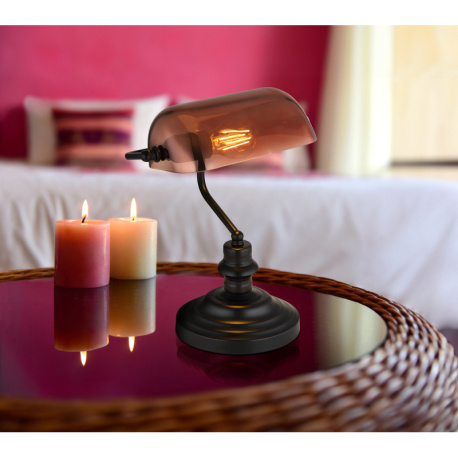 Stolní svítidlo, kov černý, sklo měděné barvy, průhledné, kabel PVC černý, kolébkový vypínač na kabelu, DxŠxV:250x190x360mm, délka kabelu 1500mm, bez žárovky 1xE27, max. 60W 230V