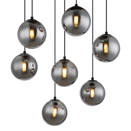 Závěsné svítidlo, kov černý, skleněné koule kouřové barvy, kabel PVC černý, výškově nastavitelné, ø:550 mm, V:1200mm, včetně žárovek 7x G9 LED, 3.5W 230V, zdroj 350lm, výstup 130lm, 3000K