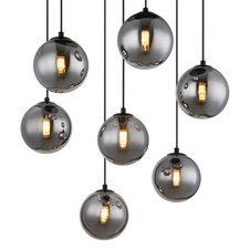 Závěsné svítidlo, kov černý, skleněné koule kouřové barvy, kabel PVC černý, výškově nastavitelné, ø:550 mm, V:1200mm, včetně žárovek 7x G9 LED, 3.5W 230V, zdroj 350lm, výstup 130lm, 3000K