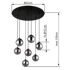 Závěsné svítidlo, kov černý, skleněné koule kouřové barvy, kabel PVC černý, výškově nastavitelné, ø:550 mm, V:1200mm, včetně žárovek 7x G9 LED, 3.5W 230V, zdroj 350lm, výstup 130lm, 3000K