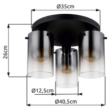 Stropní svítidlo, kov černý, sklo kouřové, průhledné, ø:405mm, V:260mm, bez žárovek 3xE27, max. 40W 230V