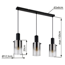 Závěsné svítidlo, kov černý, sklo kouřové, průhledné, kabel PVC černý, možnost zkrácení výšky, DxŠxV:725x125x1500mm, bez žárovek 3xE27, max. 40W 230V