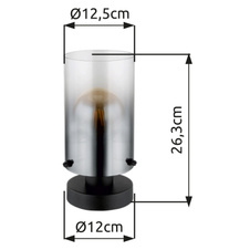Stolní svítidlo, kov černý matný, sklo kouřové, průhledné, kabel PVC černý, kolébkový vypínač na kabelu, ø:125mm, V:263mm, délka kabelu 1500mm, bez žárovky 1xE27, max. 40W 230V
