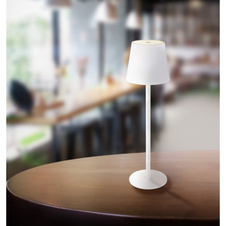 Nabíjecí stolní lampa, kov a plast bílý, kabel PVC bílý, dotykové zapnutí/vypnutí, plynulý dotykový stmívač, paměť, aku CR18650 1800mAh 3,7V, IP44, ø:106mm, H:360mm, V:36cm nebo 24cm, včetně LED 3W 230V, zdroj 300lm, výstup 130lm, 3000K