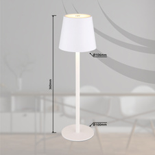 Nabíjecí stolní lampa, kov a plast bílý, kabel PVC bílý, dotykové zapnutí/vypnutí, plynulý dotykový stmívač, paměť, aku CR18650 1800mAh 3,7V, IP44, ø:106mm, H:360mm, V:36cm nebo 24cm, včetně LED 3W 230V, zdroj 300lm, výstup 130lm, 3000K