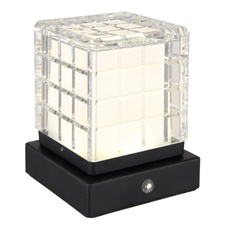Nabíjecí stolní lampa, kov černý, akryl čirý, satinovaný povrch, černý PVC kabel, dotykové zapnutí/vypnutí, plynulé dotykové stmívání, možnost montáže na zeď, aku CR18650 1800mAh 3,7V, DxŠxV:100x100x100mm, LED 2,5W 5V 206lm 2700/6500/4000K