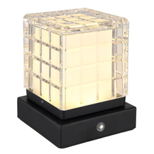 Nabíjecí stolní lampa, kov černý, akryl čirý, satinovaný povrch, černý PVC kabel, dotykové zapnutí/vypnutí, plynulé dotykové stmívání, možnost montáže na zeď, aku CR18650 1800mAh 3,7V, DxŠxV:100x100x100mm, LED 2,5W 5V 206lm 2700/6500/4000K