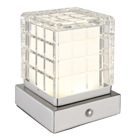 Nabíjecí stolní lampa, kov nikl, akryl čirý, satinovaný povrch, bílý PVC kabel, dotykové zapnutí/vypnutí, stmívatelné, plynulé dotykové stmívání, možnost montáže na zeď, aku CR18650 1800mAh 3,7V, DxŠxV:100x100x100mm, 2,5W 5V 206lm 2700/6500/4000K