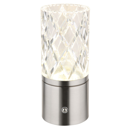 Nabíjecí stolní lampa, kov nikl, chrom, akryl čirý, kabel PVC bílý, dotykové zapnutí/vypnutí, stmívatelné, plynulé dotykové stmívání, fixace barev, USB-A 2.0 - USB-C, aku CR18650 1800mAh 3,7V, ø:190mm, V:190mm, LED 2,5W 5V 185lm 2700/6500/4000K