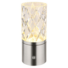 Nabíjecí stolní lampa, kov nikl, chrom, akryl čirý, kabel PVC bílý, dotykové zapnutí/vypnutí, stmívatelné, plynulé dotykové stmívání, fixace barev, USB-A 2.0 - USB-C, aku CR18650 1800mAh 3,7V, ø:190mm, V:190mm, LED 2,5W 5V 185lm 2700/6500/4000K