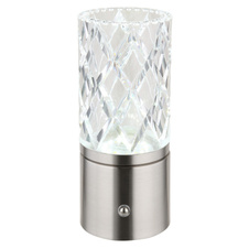 Nabíjecí stolní lampa, kov nikl, chrom, akryl čirý, kabel PVC bílý, dotykové zapnutí/vypnutí, stmívatelné, plynulé dotykové stmívání, fixace barev, USB-A 2.0 - USB-C, aku CR18650 1800mAh 3,7V, ø:190mm, V:190mm, LED 2,5W 5V 185lm 2700/6500/4000K