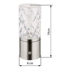 Nabíjecí stolní lampa, kov nikl, chrom, akryl čirý, kabel PVC bílý, dotykové zapnutí/vypnutí, stmívatelné, plynulé dotykové stmívání, fixace barev, USB-A 2.0 - USB-C, aku CR18650 1800mAh 3,7V, ø:190mm, V:190mm, LED 2,5W 5V 185lm 2700/6500/4000K