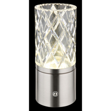 Nabíjecí stolní lampa, kov nikl, chrom, akryl čirý, kabel PVC bílý, dotykové zapnutí/vypnutí, stmívatelné, plynulé dotykové stmívání, fixace barev, USB-A 2.0 - USB-C, aku CR18650 1800mAh 3,7V, ø:190mm, V:190mm, LED 2,5W 5V 185lm 2700/6500/4000K