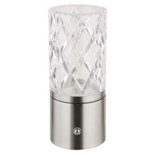 Nabíjecí stolní lampa, kov nikl, chrom, akryl čirý, kabel PVC bílý, dotykové zapnutí/vypnutí, stmívatelné, plynulé dotykové stmívání, fixace barev, USB-A 2.0 - USB-C, aku CR18650 1800mAh 3,7V, ø:190mm, V:190mm, LED 2,5W 5V 185lm 2700/6500/4000K