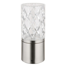 Nabíjecí stolní lampa, kov nikl, chrom, akryl čirý, kabel PVC bílý, dotykové zapnutí/vypnutí, stmívatelné, plynulé dotykové stmívání, fixace barev, USB-A 2.0 - USB-C, aku CR18650 1800mAh 3,7V, ø:190mm, V:190mm, LED 2,5W 5V 185lm 2700/6500/4000K