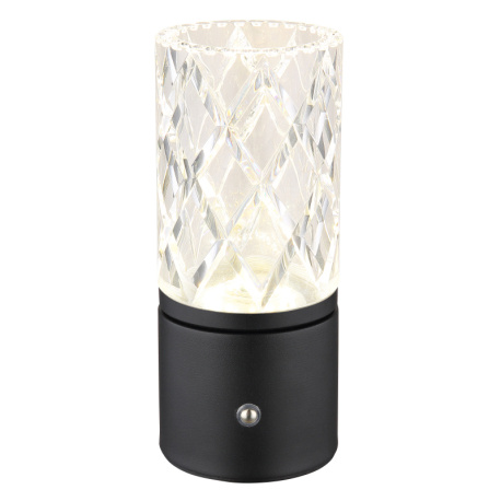 Nabíjecí stolní lampa, kov černý matný, akryl čirý, kabel PVC černý, dotykové zapnutí/vypnutí, stmívatelné, plynulé dotykové stmívání, fixace barev, USB-A 2.0 - USB-C, aku CR18650 1800mAh 3,7V, ø:190mm, H:190mm, LED 2,5W 5V 185lm 2700/6500/4000K