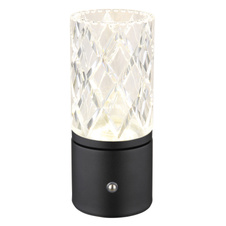 Nabíjecí stolní lampa, kov černý matný, akryl čirý, kabel PVC černý, dotykové zapnutí/vypnutí, stmívatelné, plynulé dotykové stmívání, fixace barev, USB-A 2.0 - USB-C, aku CR18650 1800mAh 3,7V, ø:190mm, H:190mm, LED 2,5W 5V 185lm 2700/6500/4000K