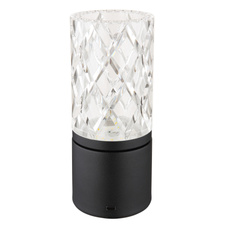 Nabíjecí stolní lampa, kov černý matný, akryl čirý, kabel PVC černý, dotykové zapnutí/vypnutí, stmívatelné, plynulé dotykové stmívání, fixace barev, USB-A 2.0 - USB-C, aku CR18650 1800mAh 3,7V, ø:190mm, H:190mm, LED 2,5W 5V 185lm 2700/6500/4000K