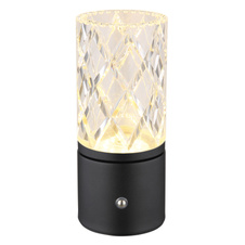 Nabíjecí stolní lampa, kov černý matný, akryl čirý, kabel PVC černý, dotykové zapnutí/vypnutí, stmívatelné, plynulé dotykové stmívání, fixace barev, USB-A 2.0 - USB-C, aku CR18650 1800mAh 3,7V, ø:190mm, H:190mm, LED 2,5W 5V 185lm 2700/6500/4000K