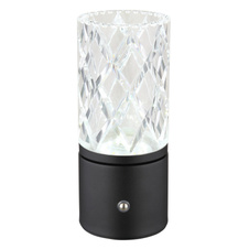 Nabíjecí stolní lampa, kov černý matný, akryl čirý, kabel PVC černý, dotykové zapnutí/vypnutí, stmívatelné, plynulé dotykové stmívání, fixace barev, USB-A 2.0 - USB-C, aku CR18650 1800mAh 3,7V, ø:190mm, H:190mm, LED 2,5W 5V 185lm 2700/6500/4000K