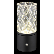 Nabíjecí stolní lampa, kov černý matný, akryl čirý, kabel PVC černý, dotykové zapnutí/vypnutí, stmívatelné, plynulé dotykové stmívání, fixace barev, USB-A 2.0 - USB-C, aku CR18650 1800mAh 3,7V, ø:190mm, H:190mm, LED 2,5W 5V 185lm 2700/6500/4000K