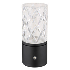 Nabíjecí stolní lampa, kov černý matný, akryl čirý, kabel PVC černý, dotykové zapnutí/vypnutí, stmívatelné, plynulé dotykové stmívání, fixace barev, USB-A 2.0 - USB-C, aku CR18650 1800mAh 3,7V, ø:190mm, H:190mm, LED 2,5W 5V 185lm 2700/6500/4000K