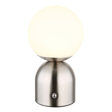 Nabíjecí stolní lampa, kov matný nikl, plast bílý, kabel PVC bílý, dotykové zapnutí/vypnutí, stmívatelné, plynulé dotykové stmívání, aku CR18650 1800mAh 3,7V, doba nabíjení baterie cca 4 hod., ø:120mm, LED 2,5W 5V 189lm, 2700/6500/4000K