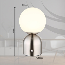 Nabíjecí stolní lampa, kov matný nikl, plast bílý, kabel PVC bílý, dotykové zapnutí/vypnutí, stmívatelné, plynulé dotykové stmívání, aku CR18650 1800mAh 3,7V, doba nabíjení baterie cca 4 hod., ø:120mm, LED 2,5W 5V 189lm, 2700/6500/4000K