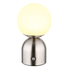 Nabíjecí stolní lampa, kov matný nikl, plast bílý, kabel PVC bílý, dotykové zapnutí/vypnutí, stmívatelné, plynulé dotykové stmívání, aku CR18650 1800mAh 3,7V, doba nabíjení baterie cca 4 hod., ø:120mm, LED 2,5W 5V 189lm, 2700/6500/4000K