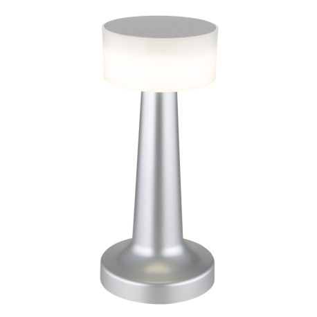 Nabíjecí stolní lampa, plast nikl, plast bílý, dotykové zapnutí/vypnutí, plynulé dotykové stmívání, aku CR18650 800mAh 3,7V, doba nabíjení cca 2 hod., ø:95mm, V:215mm, délka kabelu 1500mm, včetně LED 1W 230V, výstup 55lm, 2700/6500/4000K