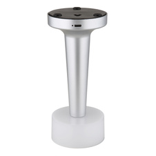 Nabíjecí stolní lampa, plast nikl, plast bílý, dotykové zapnutí/vypnutí, plynulé dotykové stmívání, aku CR18650 800mAh 3,7V, doba nabíjení cca 2 hod., ø:95mm, V:215mm, délka kabelu 1500mm, včetně LED 1W 230V, výstup 55lm, 2700/6500/4000K