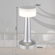 Nabíjecí stolní lampa, plast nikl, plast bílý, dotykové zapnutí/vypnutí, plynulé dotykové stmívání, aku CR18650 800mAh 3,7V, doba nabíjení cca 2 hod., ø:95mm, V:215mm, délka kabelu 1500mm, včetně LED 1W 230V, výstup 55lm, 2700/6500/4000K