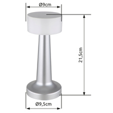 Nabíjecí stolní lampa, plast nikl, plast bílý, dotykové zapnutí/vypnutí, plynulé dotykové stmívání, aku CR18650 800mAh 3,7V, doba nabíjení cca 2 hod., ø:95mm, V:215mm, délka kabelu 1500mm, včetně LED 1W 230V, výstup 55lm, 2700/6500/4000K