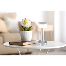 Nabíjecí stolní lampa, plast nikl, plast bílý, dotykové zapnutí/vypnutí, plynulé dotykové stmívání, aku CR18650 800mAh 3,7V, doba nabíjení cca 2 hod., ø:95mm, V:215mm, délka kabelu 1500mm, včetně LED 1W 230V, výstup 55lm, 2700/6500/4000K