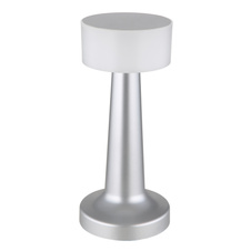 Nabíjecí stolní lampa, plast nikl, plast bílý, dotykové zapnutí/vypnutí, plynulé dotykové stmívání, aku CR18650 800mAh 3,7V, doba nabíjení cca 2 hod., ø:95mm, V:215mm, délka kabelu 1500mm, včetně LED 1W 230V, výstup 55lm, 2700/6500/4000K