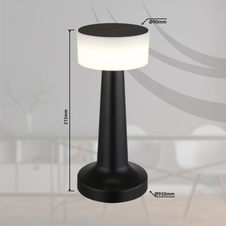 Nabíjecí stolní lampa, plast černý a bílý, dotykové zapnutí/vypnutí, plynulé dotykové stmívání, aku CR18650 800mAh 3,7V, doba nabíjení cca 2 hod., ø:95mm, V:215mm, délka kabelu 1500mm, včetně LED 1W 230V, výstup 55lm, 2700/6500/4000K
