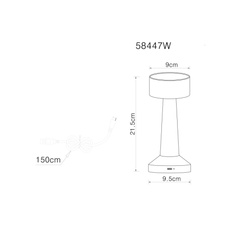 Nabíjecí stolní lampa, plast bílý, dotykové zapnutí/vypnutí, plynulé dotykové stmívání, aku CR18650 800mAh 3,7V, doba nabíjení cca 2 hod., ø:95mm, V:215mm, délka kabelu 1200mm, včetně LED 1W 230V, výstup 55lm, 2700/6500/4000K