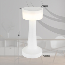 Nabíjecí stolní lampa, plast bílý, dotykové zapnutí/vypnutí, plynulé dotykové stmívání, aku CR18650 800mAh 3,7V, doba nabíjení cca 2 hod., ø:95mm, V:215mm, délka kabelu 1200mm, včetně LED 1W 230V, výstup 55lm, 2700/6500/4000K