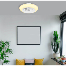 Ventilátor kov bílý, plast bílý, několik úrovní přes nástěnný vypínač, 3 úrovně: světlo/ventilátor/obě, výkon motoru 5W, 7m², ø:300mm V:120mm, LED 18W 230V, zdroj 2100lm, výstup 1400lm, 3000K