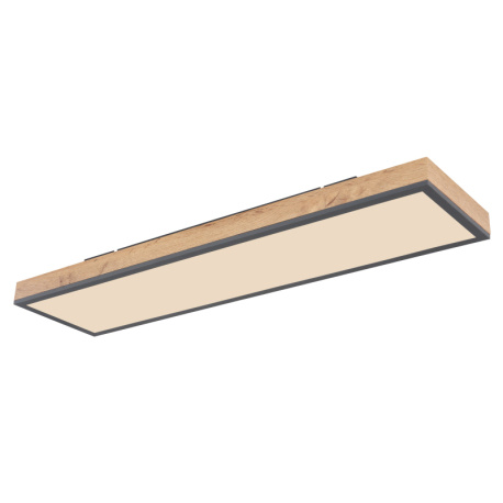 Stropní svítidlo, hliník grafit, MDF imitace dřeva, akryl bílý, stmívatelné, několik úrovní pomocí nástěnného vypínače, paměť, časovač, dálkové ovládání, DxŠxV:80x20x7,8cm, LED 24W 230V, zdroj 100-2500lm, výstup 60150lm, CCT 3000-6500K