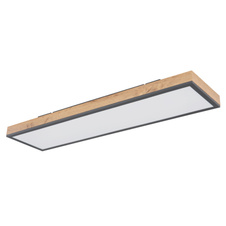 Stropní svítidlo, hliník grafit, MDF imitace dřeva, akryl bílý, stmívatelné, několik úrovní pomocí nástěnného vypínače, paměť, časovač, dálkové ovládání, DxŠxV:80x20x7,8cm, LED 24W 230V, zdroj 100-2500lm, výstup 60150lm, CCT 3000-6500K