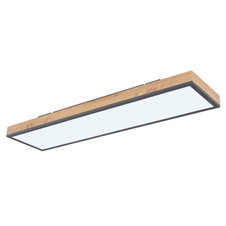 Stropní svítidlo, hliník grafit, MDF imitace dřeva, akryl bílý, stmívatelné, několik úrovní pomocí nástěnného vypínače, paměť, časovač, dálkové ovládání, DxŠxV:80x20x7,8cm, LED 24W 230V, zdroj 100-2500lm, výstup 60150lm, CCT 3000-6500K