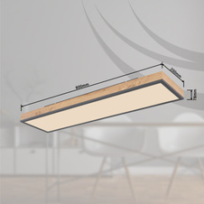 Stropní svítidlo, hliník grafit, MDF imitace dřeva, akryl bílý, stmívatelné, několik úrovní pomocí nástěnného vypínače, paměť, časovač, dálkové ovládání, DxŠxV:80x20x7,8cm, LED 24W 230V, zdroj 100-2500lm, výstup 60150lm, CCT 3000-6500K