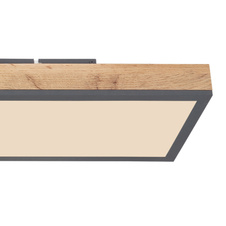 Stropní svítidlo, hliník grafit, MDF imitace dřeva, akryl bílý, stmívatelné, několik úrovní pomocí nástěnného vypínače, paměť, časovač, dálkové ovládání, DxŠxV:80x20x7,8cm, LED 24W 230V, zdroj 100-2500lm, výstup 60150lm, CCT 3000-6500K