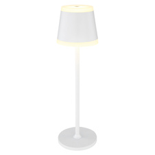 Nabíjecí stolní lampa, kov bílý matný, akryl bílý, dotykové zap./vyp., plynulý dotykový stmívač, USB-A 2.0 - USB-C, CR18650 1800mAh 3,7V, IP54, plně nabitá po: cca 6 h.; vybitá po: cca 5 h., Ø:11cm, V:38,5cm, LED 4,6W 230V, 350lm zdroj, 220lm výstup,