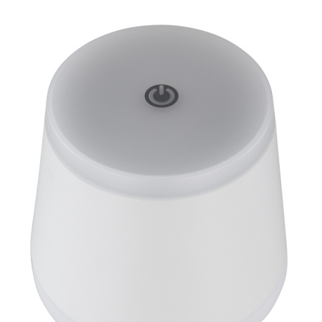 Nabíjecí stolní lampa, kov bílý matný, akryl bílý, dotykové zap./vyp., plynulý dotykový stmívač, USB-A 2.0 - USB-C, CR18650 1800mAh 3,7V, IP54, plně nabitá po: cca 6 h.; vybitá po: cca 5 h., Ø:11cm, V:38,5cm, LED 4,6W 230V, 350lm zdroj, 220lm výstup,