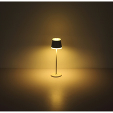 Nabíjecí stolní lampa, kov bílý matný, akryl bílý, dotykové zap./vyp., plynulý dotykový stmívač, USB-A 2.0 - USB-C, CR18650 1800mAh 3,7V, IP54, plně nabitá po: cca 6 h.; vybitá po: cca 5 h., Ø:11cm, V:38,5cm, LED 4,6W 230V, 350lm zdroj, 220lm výstup,