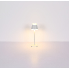 Nabíjecí stolní lampa, kov bílý matný, akryl bílý, dotykové zap./vyp., plynulý dotykový stmívač, USB-A 2.0 - USB-C, CR18650 1800mAh 3,7V, IP54, plně nabitá po: cca 6 h.; vybitá po: cca 5 h., Ø:11cm, V:38,5cm, LED 4,6W 230V, 350lm zdroj, 220lm výstup,